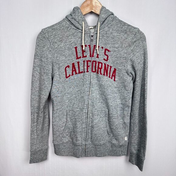 Levi's Graphic Print Hoodie Sweatshirt Jacket Sz XS Heathered Gray Knit Full Zip - Picture 1 of 13